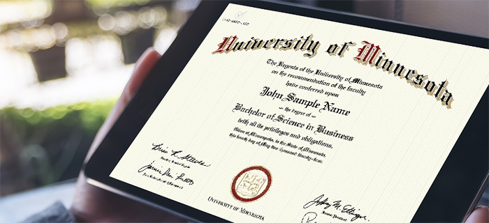 University of Minnesota digital diploma displaying on a tablet